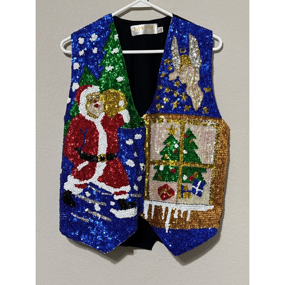 SAVVY Sequin Christmas Vest Women Large Blue Santa Holiday Festive Kitschy
